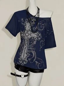 SHEIN ICON Y2K 暗黑复古 Grunge 风格十字印花宽松露肩 T 恤 - 藏蓝色 - 查看 9