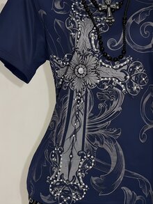SHEIN ICON Y2K 暗黑复古 Grunge 风格十字印花宽松露肩 T 恤 - 藏蓝色 - 查看 4