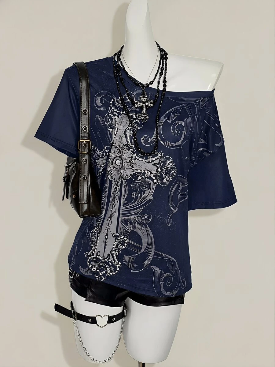 SHEIN ICON Y2K 暗黑复古 Grunge 风格十字印花宽松露肩 T 恤 - 藏蓝色 - 查看 1