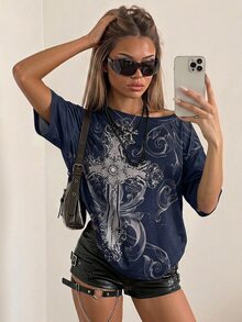 SHEIN ICON Y2K 暗黑复古 Grunge 风格十字印花宽松露肩 T 恤 - 藏蓝色 - 查看 3
