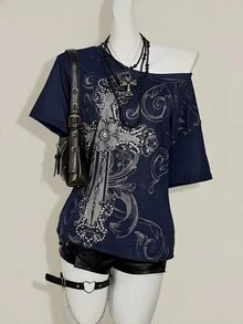 SHEIN ICON Y2K 暗黑复古 Grunge 风格十字印花宽松露肩 T 恤 - 藏蓝色 - 查看 5