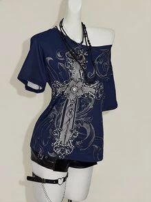 SHEIN ICON Y2K 暗黑复古 Grunge 风格十字印花宽松露肩 T 恤 - 藏蓝色 - 查看 6