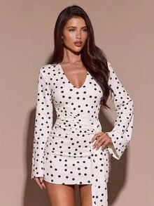 SHEIN BAE Fall White Black Polka Dot V Neck Flare Long Sleeve Cinched Waist Tie Side Bodycon Mini Dress Autumn Halloween Homecoming Thanksgiving Party Date Nigh - White - View 5
