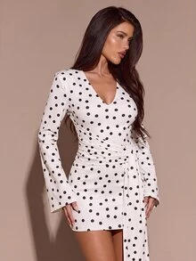 SHEIN BAE Fall White Black Polka Dot V Neck Flare Long Sleeve Cinched Waist Tie Side Bodycon Mini Dress Autumn Halloween Homecoming Thanksgiving Party Date Nigh - White - View 3
