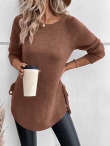 SHEIN LUNE Sweater Kasual Wanita Warna Polos Leher Bulat Lengan Panjang dengan Tali Samping - Redwood - View 5