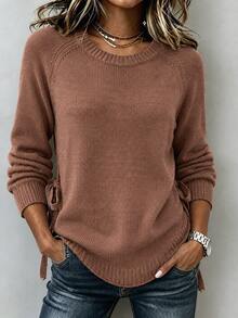 SHEIN LUNE Sweater Kasual Wanita Warna Polos Leher Bulat Lengan Panjang dengan Tali Samping - Redwood - View 1