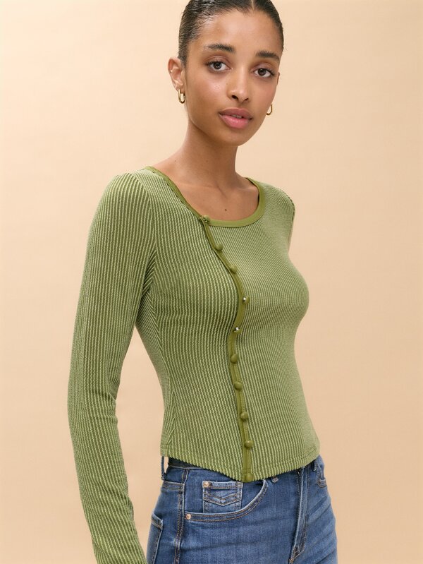 Nöista Asymmetric Button Long Sleeve Knit Top. Minimalist Style, Office Wear, Casual Chic, Fall Winter.