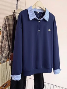 Mulvari Women's Striped Patchwork Lapel 2 In 1 Sweatshirt, Loose Fit, Dropped Shoulder, Navy Blue, Casual Daily Commute Long Sleeve Pullover Y2k - Blue - View 5
