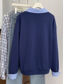 Mulvari Women's Striped Patchwork Lapel 2 In 1 Sweatshirt, Loose Fit, Dropped Shoulder, Navy Blue, Casual Daily Commute Long Sleeve Pullover Y2k - Blue - View 2
