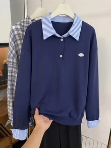 Mulvari Women's Striped Patchwork Lapel 2 In 1 Sweatshirt, Loose Fit, Dropped Shoulder, Navy Blue, Casual Daily Commute Long Sleeve Pullover Y2k - Blue - View 3