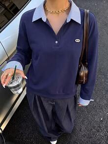 Mulvari Women's Striped Patchwork Lapel 2 In 1 Sweatshirt, Loose Fit, Dropped Shoulder, Navy Blue, Casual Daily Commute Long Sleeve Pullover Y2k - Blue - View 1