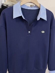Mulvari Women's Striped Patchwork Lapel 2 In 1 Sweatshirt, Loose Fit, Dropped Shoulder, Navy Blue, Casual Daily Commute Long Sleeve Pullover Y2k - Blue - View 7