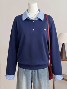 Mulvari Women's Striped Patchwork Lapel 2 In 1 Sweatshirt, Loose Fit, Dropped Shoulder, Navy Blue, Casual Daily Commute Long Sleeve Pullover Y2k - Blue - View 4