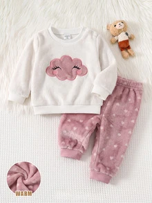 SHEIN Newborn Baby Girl Cartoon Cloud Embroidered Sweatshirt And Pants Set - Pink - View 3