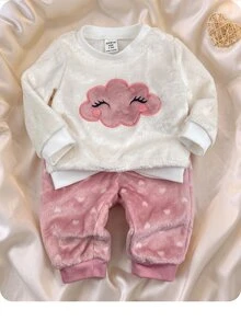 SHEIN Newborn Baby Girl Cartoon Cloud Embroidered Sweatshirt And Pants Set - Pink - View 1