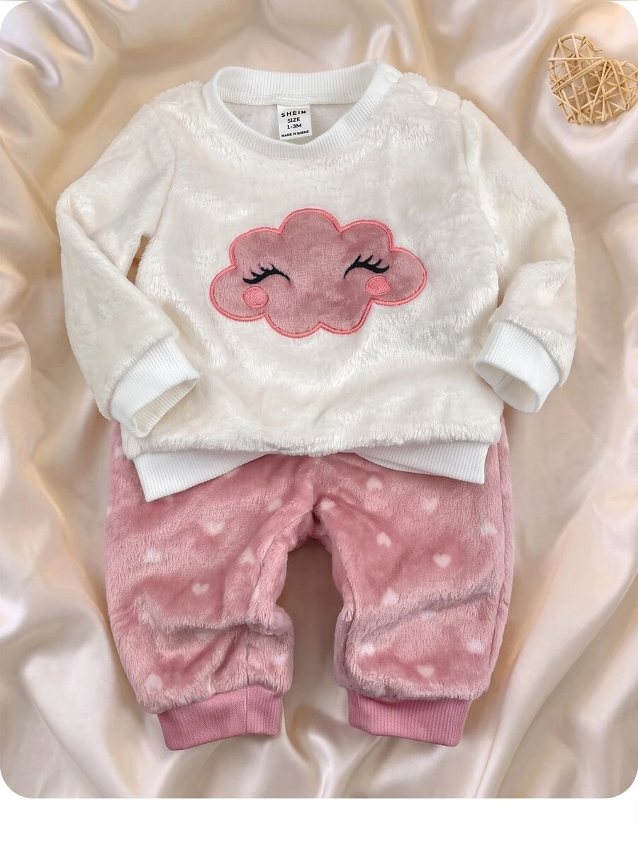 SHEIN Newborn Baby Girl Cartoon Cloud Embroidered Sweatshirt And Pants Set - Pink - View 1