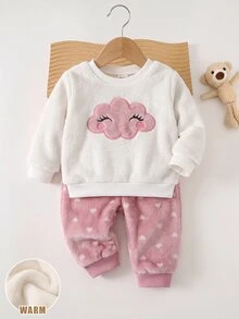 SHEIN Newborn Baby Girl Cartoon Cloud Embroidered Sweatshirt And Pants Set - Pink - View 10