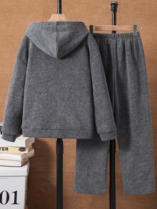 SHEIN 2件組兒童青少年男孩休閒街頭風韓式雪花連帽長袖衛衣與純色鬆緊腰運動長褲套裝，適合返校、生日、嬰兒派對、節日派對，秋冬穿著 - 灰色 - 查看 3