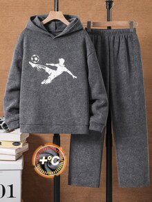 SHEIN 2件組兒童青少年男孩休閒街頭風韓式雪花連帽長袖衛衣與純色鬆緊腰運動長褲套裝，適合返校、生日、嬰兒派對、節日派對，秋冬穿著 - 灰色 - 查看 4