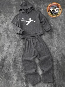SHEIN 2件組兒童青少年男孩休閒街頭風韓式雪花連帽長袖衛衣與純色鬆緊腰運動長褲套裝，適合返校、生日、嬰兒派對、節日派對，秋冬穿著 - 灰色 - 查看 2
