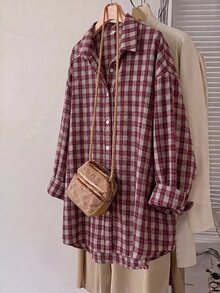 SHEIN CURVE+ Women's Plus Size Autumn Plaid Casual Shirt Fall - Red - View 6