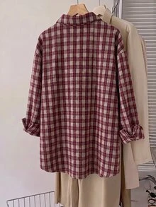 SHEIN CURVE+ Women's Plus Size Autumn Plaid Casual Shirt Fall - Red - View 3