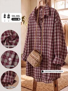 SHEIN CURVE+ Women's Plus Size Autumn Plaid Casual Shirt Fall - Red - View 2