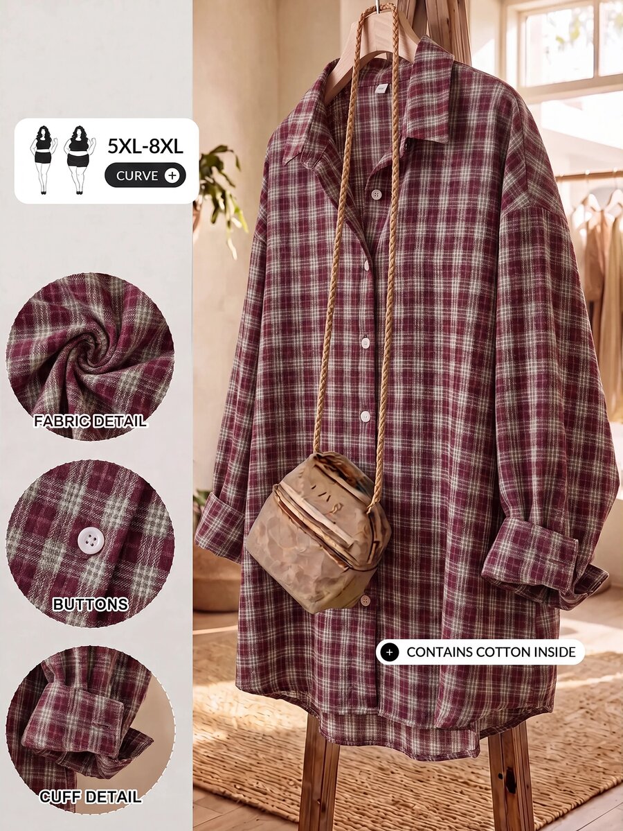 SHEIN CURVE+ Women's Plus Size Autumn Plaid Casual Shirt Fall