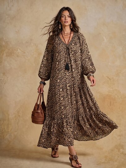 Solivie Women's Autumn Long Sleeve Leopard Print Dress, Suitable For Casual Daily Wear, V-Neck