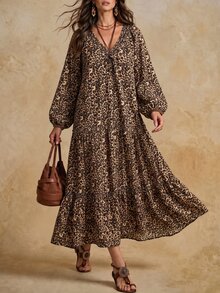 Solivie Women's Autumn Long Sleeve Leopard Print Dress, Suitable For Casual Daily Wear, V-Neck - Coffee - View 3