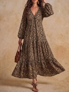 Solivie Women's Autumn Long Sleeve Leopard Print Dress, Suitable For Casual Daily Wear, V-Neck - Coffee - View 5