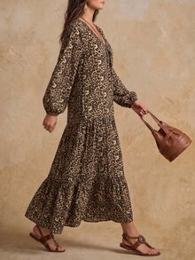 Solivie Women's Autumn Long Sleeve Leopard Print Dress, Suitable For Casual Daily Wear, V-Neck - Coffee - View 2