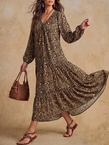 Solivie Women's Autumn Long Sleeve Leopard Print Dress, Suitable For Casual Daily Wear, V-Neck - Coffee - View 6