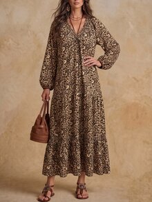 Solivie Women's Autumn Long Sleeve Leopard Print Dress, Suitable For Casual Daily Wear, V-Neck - Coffee - View 4