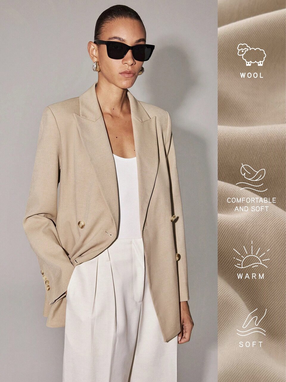 Anewsta New Camel Double-Breasted Loose Blazer Jacket, Commuter Banquet Holiday Premium Silhouette Casual Women's Suit, Suitable For Business Meetings, Semi-Formal Gatherings, Casual Holidays, Autumn Outfit For Women, Festival Outfits