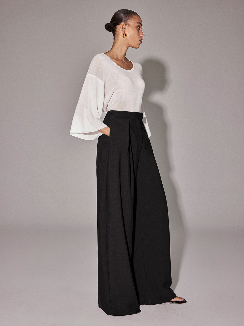 Anewsta Casual Elegant Solid Fold Pleated Slant Pocket Wide Leg Black Pants. Business, Dinner Fall.