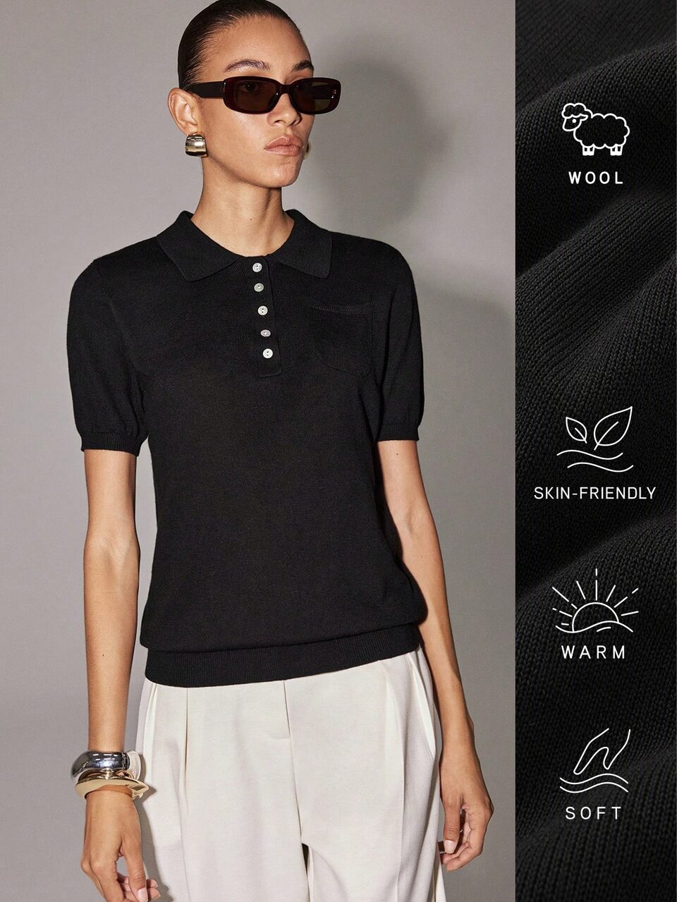 Anewsta Camiseta de punto acanalado con cuello polo elegante minimalista vintage de verano para mujer, de lana, ajuste ceñido, manga corta, casual, oficina, negocios, básica, color negro liso