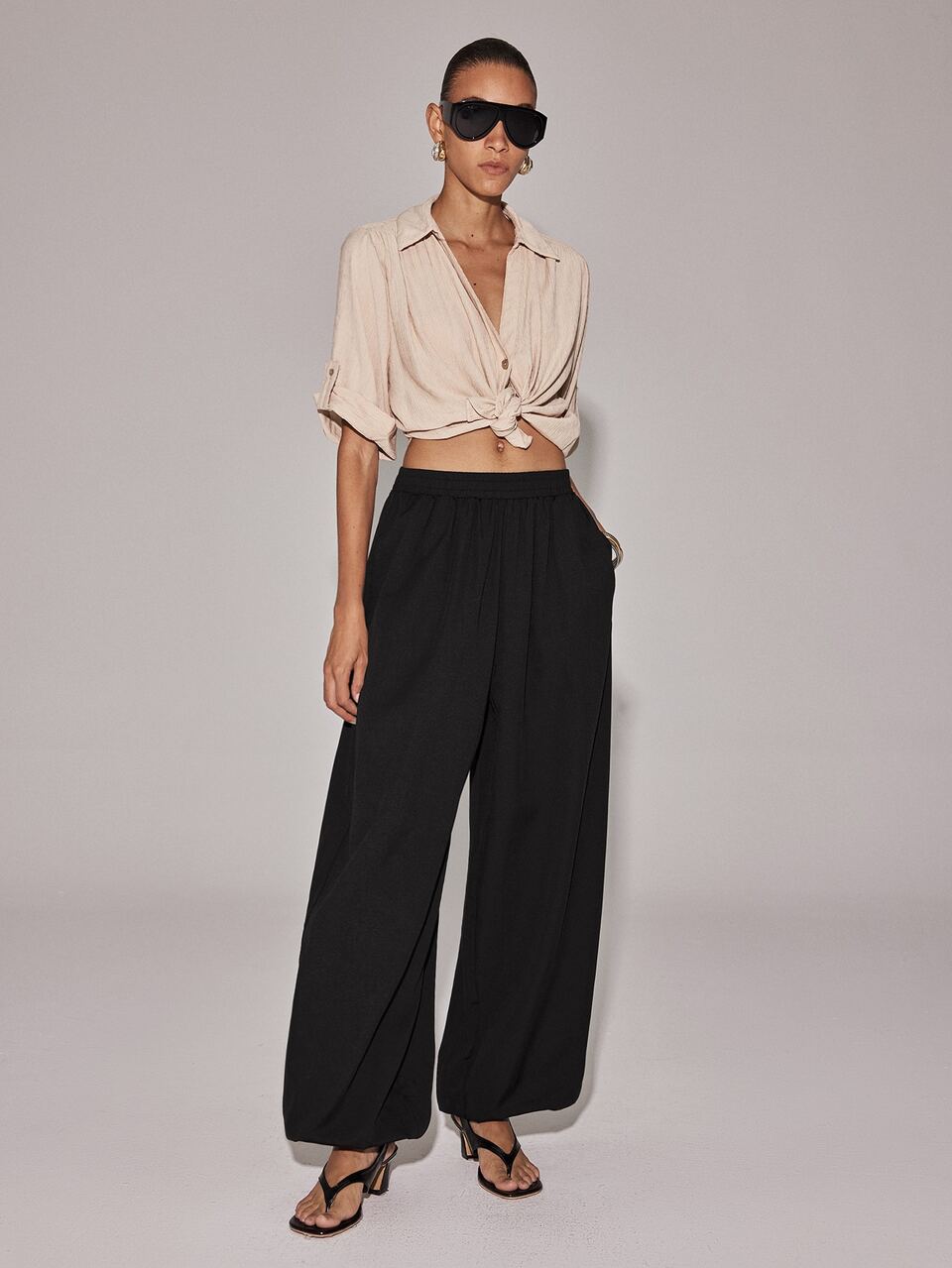 Anewsta Spring/Autumn Casual Vacation Outfits Elastic Waist Wide Leg Tapered Linen Textured Lantern Pants Long Pants, Suitable For Daily Wear, Vacations, Commuting