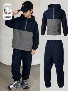 SHEIN 2pcs Kids Tween Boy Half-Zip Hooded Jacket & Jogger Pants Set, Suitable For Commuting, School, Daily Casual Wear, Sports, Autumn/Winter - Royal Blue - View 4