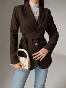 Heiryn Women Solid Color Lapel Long Sleeve Side Knot Blazer Back To School In Fall/Winter - Chocolate Brown - View 6