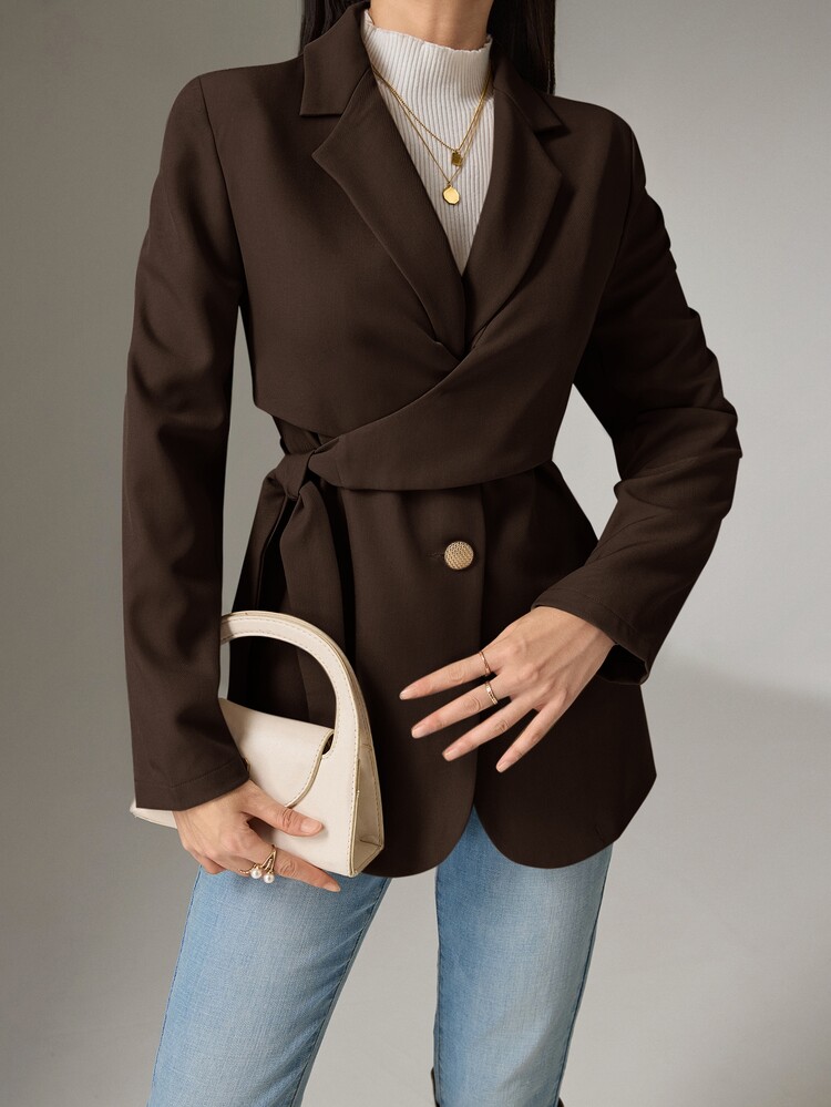 Heiryn Women Solid Color Lapel Long Sleeve Side Knot Blazer Back To School In Fall/Winter - Chocolate Brown - View 6