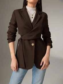 Heiryn Women Solid Color Lapel Long Sleeve Side Knot Blazer Back To School In Fall/Winter - Chocolate Brown - View 4