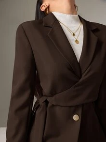 Heiryn Women Solid Color Lapel Long Sleeve Side Knot Blazer Back To School In Fall/Winter - Chocolate Brown - View 3