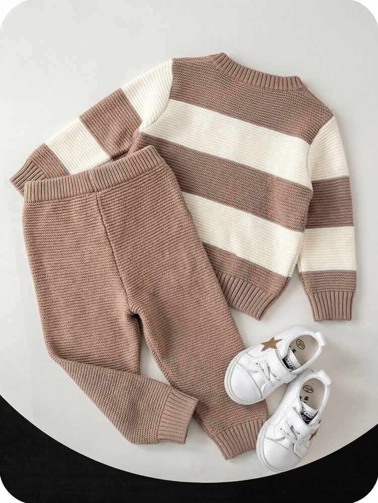 Baby Boy Autumn/Winter Cute Casual Cartoon Pattern Striped Long Sleeve Sweater & Elastic Waist Long Pants 2-Piece Set - Coffee Brown - View 9