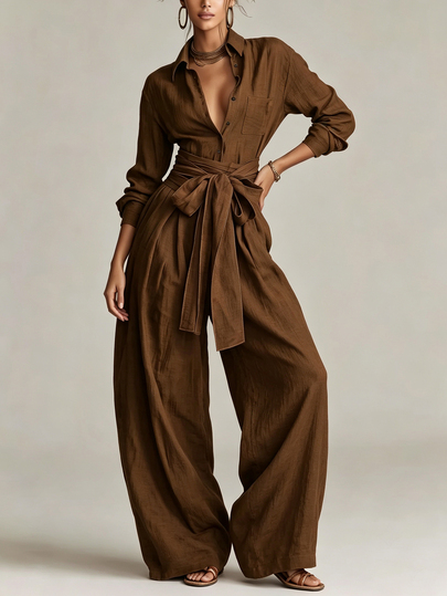 SHEIN Women's Casual Open Front Long Sleeve Shirt Paired With High Waist Elastic Cinched Waist Decor Same Texture Fabric Casual Pants, Suitable For Daily Outings, Commuting, Office Business Wear, Fashionable And Casual, Women's Brown Set
