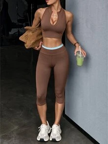 Slayform Slayform Women's Colorblock High Waist Casual Essential Low Waist Versatile Daily Travel Sports Tight Leggings Gym Pilates Brown Summer - Coffee Brown - View 1