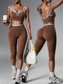 Slayform Slayform Women's Colorblock High Waist Casual Essential Low Waist Versatile Daily Travel Sports Tight Leggings Gym Pilates Brown Summer - Coffee Brown - View 2