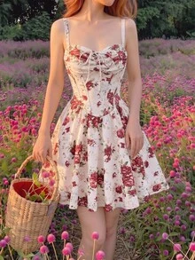 SHEIN MOD 女款夏季優雅花卉印花細肩帶短洋裝，復古女裝，適合派對、野餐、晚宴 - 彩色 - 查看 1