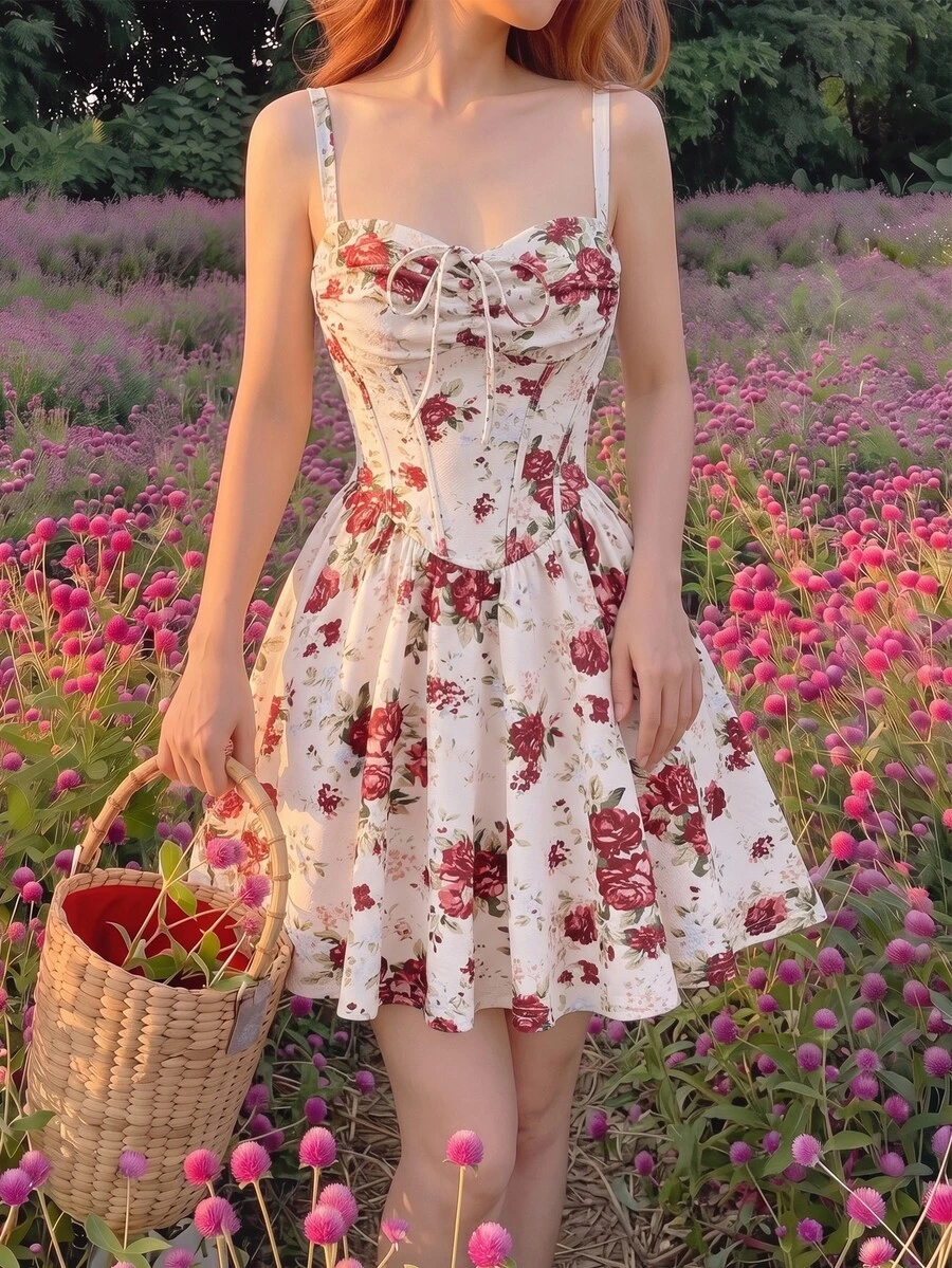 SHEIN MOD 女款夏季優雅花卉印花細肩帶短洋裝，復古女裝，適合派對、野餐、晚宴 - 彩色 - 查看 1