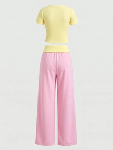 SHEIN Teen Girls T-Shirt Co-Ords Knitted Butter Yellow Pink Striped Round Neck Short Sleeve Fitted Matching Long Pants Casual Cute Set Party Birthday Summer - Multicolor - View 2
